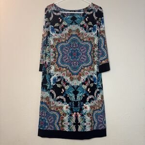 Nicole Miller Women's Dress Medium 3/4 Sleeve Kaleidoscope Stretch Blue Retro